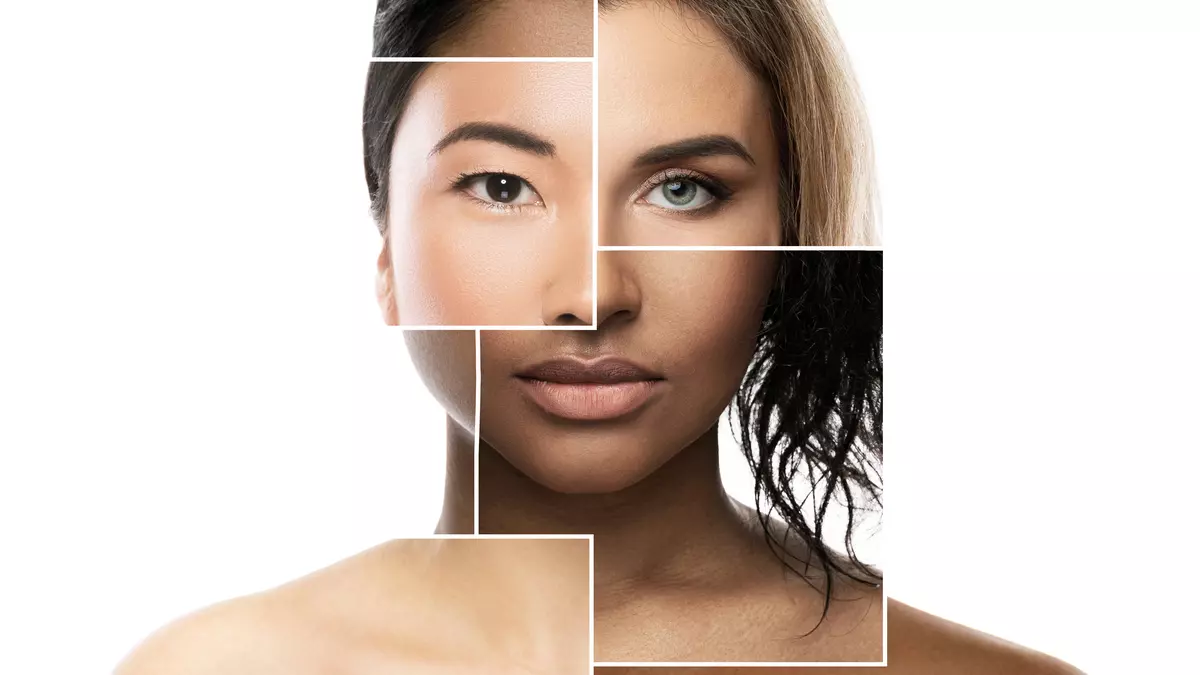 Creative beauty collage face parts different ethnicity women