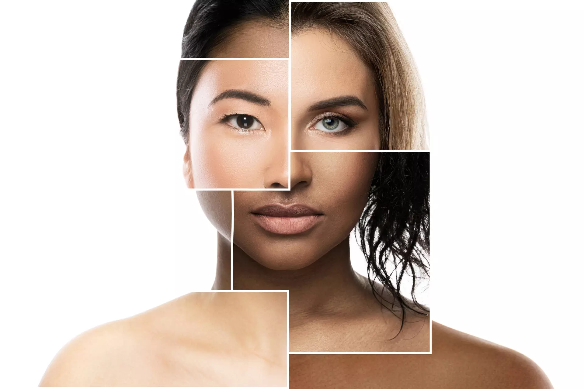 Creative beauty collage face parts different ethnicity women